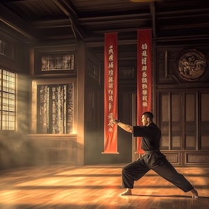 A martial artist practicing a precise block in a traditional dojo with red and black decor.