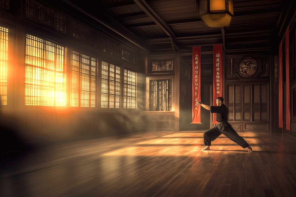 A martial artist practicing a precise block in a traditional dojo with red and black decor.