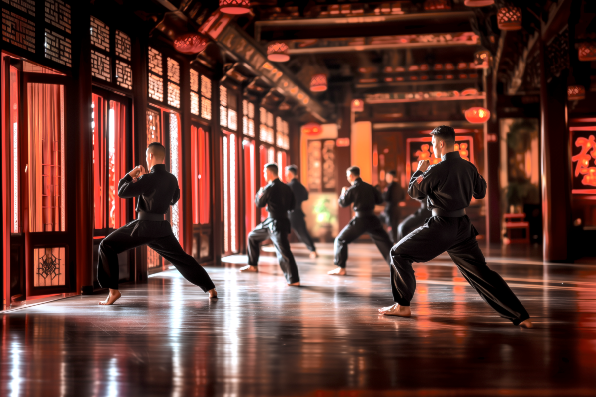 Martial artists practice in a traditional dojo with red and black decor.